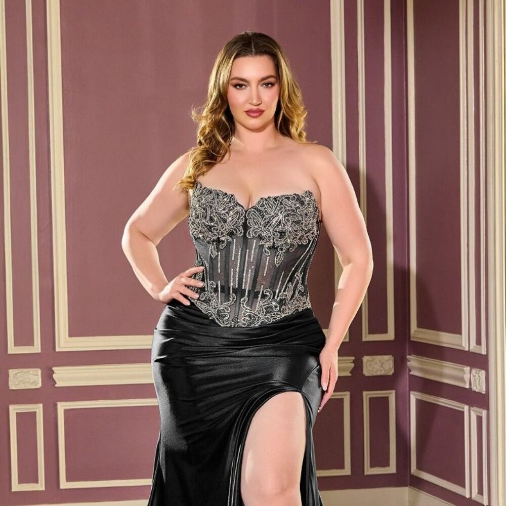 New Black Formal Strapless Sheath Long Satin Dress W/ Crystal Embroidery Cd736c